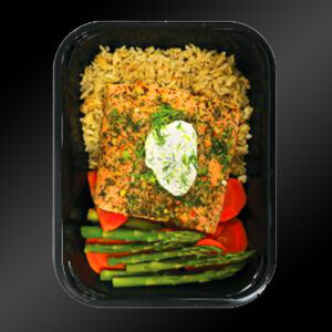 Steamed Hake Fillet with Brown Rice, Carrots and Peas